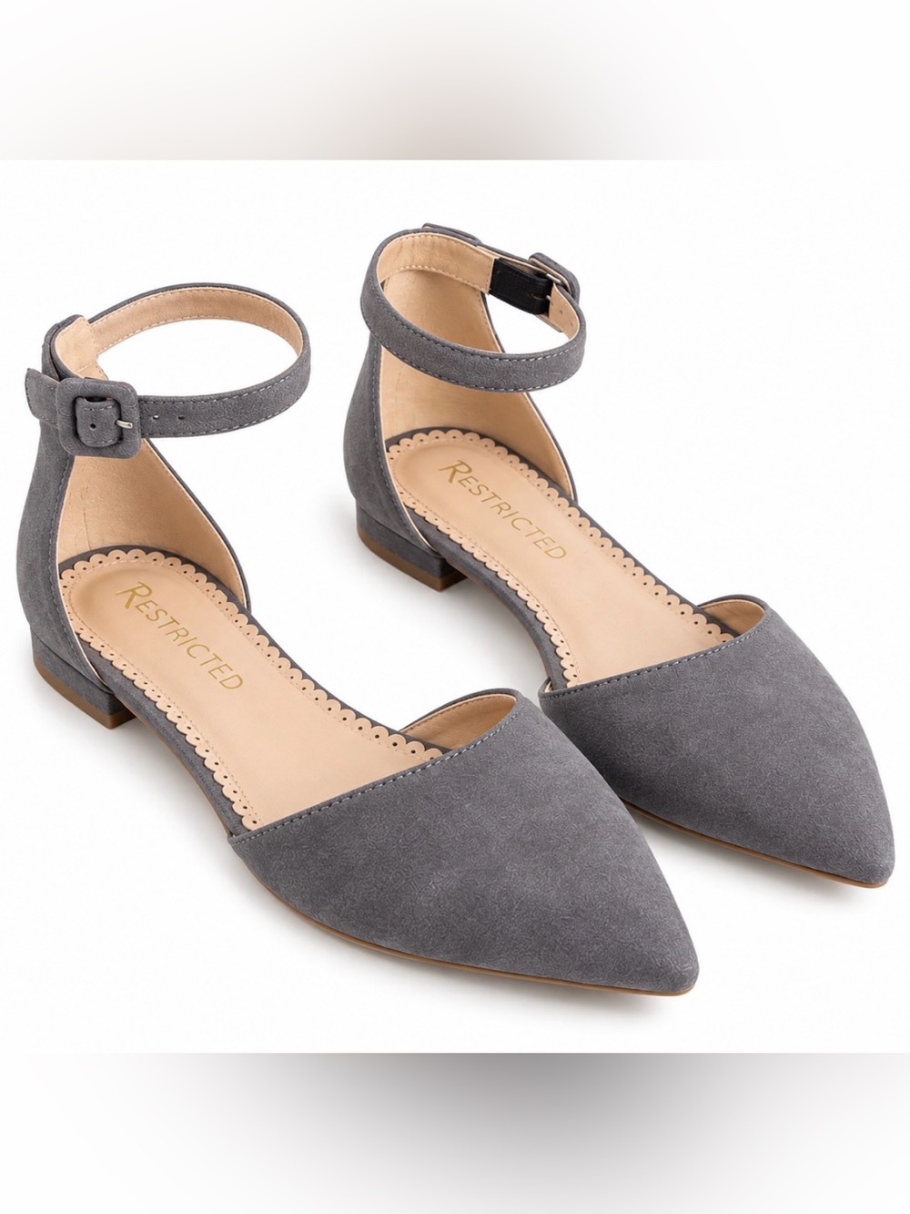 Restricted La Brea Grey Pointed Toe Ankle Strap Flats Size 7.5